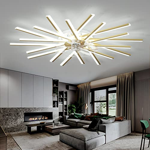 100cm Plafonnier Ventilateur Design Moderne Lustre Ventilateur de Plafond 20 LED avec Telecommande Mode Eté Hiver Dimmable Réversible DC Moteur 6 Vitesses Silencieux pour Salon Chambre Cuisine, Or