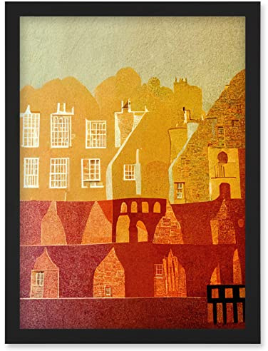 Wee Blue Coo Vintage Folk Art Mid Century Cityscape Abstract Artwork Framed Wall Art Print A4