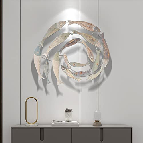 VELOMY Runden 3D Retro Fisch Wanddeko Wandbilder Metall für Wohnzimmer Schlafzimmer Kinderzimmer, Schmiedeeisen Wandskulpturen Handgemachte Ornament Geschenk