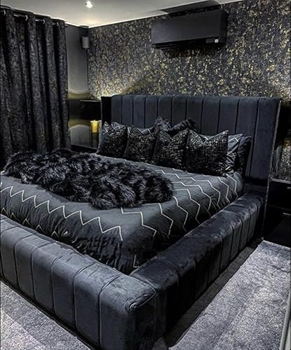 OPULENCE DREAM HOME LUXURY LIVING Upholstered Regal Panel Line Ambassador Bed Frame and Headboard 50' Inch Plush Velvet Crush - (King 5FT, Black plush)