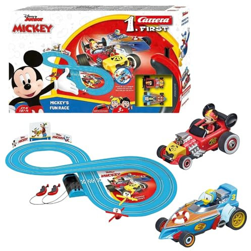 Carrera - 20063045 - Carrera First I Mickey's Fun Race I Die erste Rennbahn für Kleinkinder mit Disney Figuren I 2,4 Meter Spielbahn Ergonomische Handregler I Mit Kreisel für extra Spielspaß