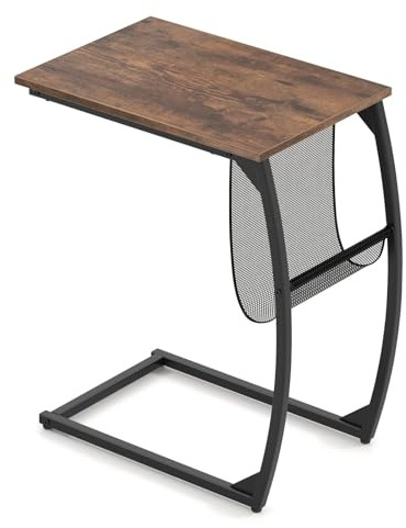 CASART C-Shaped End Table, Industrial Sofa Side Table Over Bed Tables with Side Pocket & Adjustable Pads, Steel Frame Coffee Snack Tables for Living Room Bedroom Office