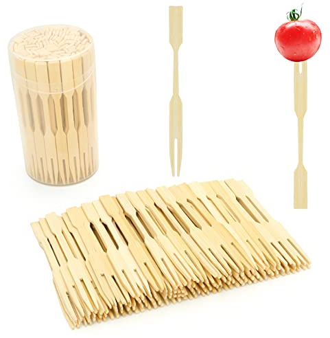Mini Bamboo Forks 3.5 Inches, Small Forks Dessert, Cocktail Forks, Double Prong Toothpicks for Appetizer, Disposable Wooden/Wood Food Picks for Charcuterie Board Accessories. 110 PCS