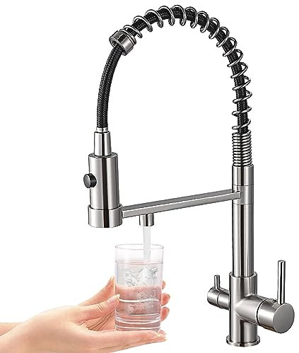 Rubinetto della cucina con rubinetto filtrato del purificatore d'acqua, rubinetto del miscelatore ad arco 3 vie, tirare giù spruzzatore 2 maniglie (nichel spazzolato)