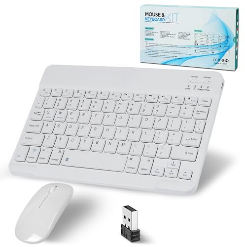 Bluetooth Keyboard, Wireless Keyboard and Mouse 2.4 USB Rechargeable Lightweight 10IN Universal Quiet Portable Mini Keyboard and Mouse set for iPad, iOS, Mac, Windows, Android Tablet Laptop-White