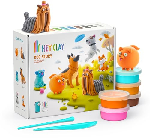 Hey Clay Dog Story 15 Dosen – Bunte Modelliermasse, lufttrocknender Ton für Kinder, lufttrocknender Ton-Set, 15 Dosen mit lustiger, interaktiver App