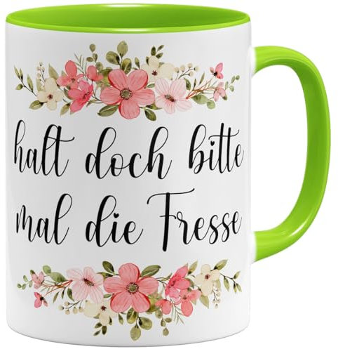OM3® lustige Tasse mit Spruch - Halt doch bitte mal die Fresse - Blumig Kitschig - Statement | Keramik Becher | 11oz 325ml | Beidseitig Bedruckt | Hellgrün