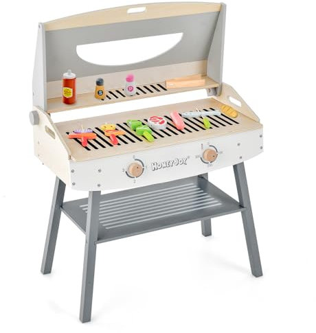 RELAX4LIFE Set di Grill per Barbecue Giocattolo, Set da Cucina in Legno con Accessori, Gioco Barbecue Interattivi per Bambini 3 4 5 6 Anni