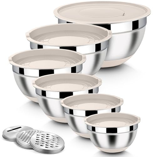 Homikit Edelstahl Rührschüssel Set, 6 Stück Schüssel Salatschüssel Set mit 3 Stück Reibenaufsätzen, Luftdichtem Deckel & Silikonboden, 4,6L/2,8L/2,5L/1,6L/1,2L/0,7L, Stapelbar, Khaki