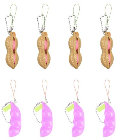 Houhounb Squeezes Spielzeug Squeeze Toys Bean Bohne Anhänger Schlüsselanhänger Toys Squeeze Lustige Gadgets Reduziert Angst und Stress für Handy Kette, 4 Rosa Edamame+ 4 Erdnuss