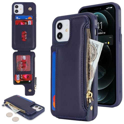 SailorTech per iPhone 12 Custodia per telefono con porta carte di credito per uomo, iPhone 12 Pro Custodia con slot per carte di credito Portafoglio Zipper per donna-Blu