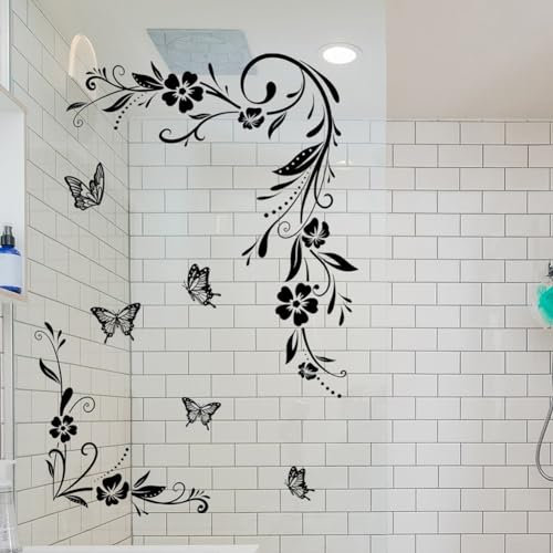 Autocollant mural en PVC pour porte de salle de bain, fleurs de vigne, papillons, arbres, plantes, autocollants muraux en PVC (B)