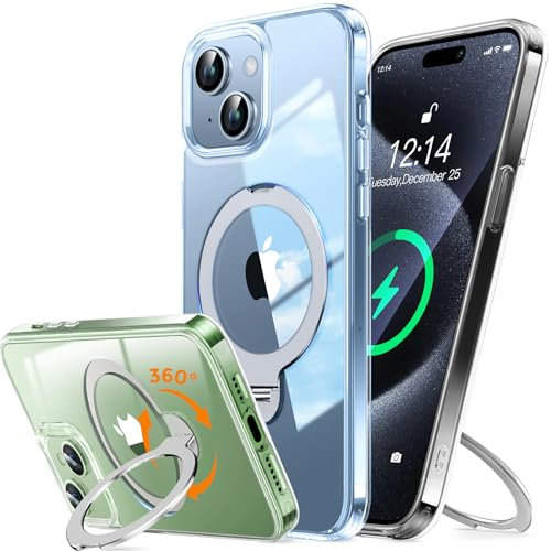 UNIOTEK 360° Drehbarer Hülle Magnetische für iPhone 13/14 Hülle 6,1 [Unsichtbarer Ständer für MagSafe] [Schutz in Militärqualität] Transparente Schutzhülle Stoßfeste Weiche TPU Rand, Transparent