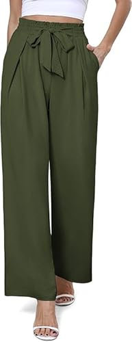 BEIGAI Damen Hose Casual Leichte Dehnbar Hohe Taille Hosen Elegante Einfarbig Weite Leg Hose mit Taschen,Armeegrün,M