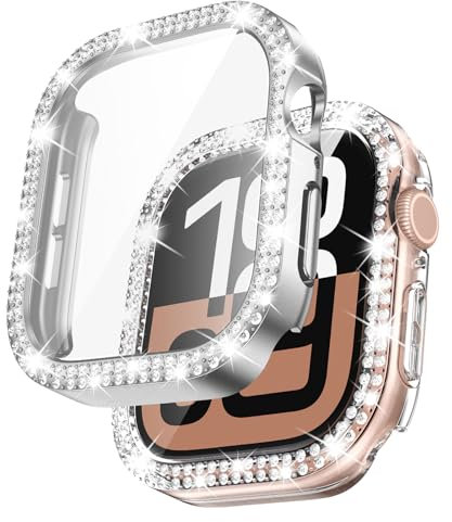 [2Stück] Kamita Diamond Hülle Kompatibel mit Apple Watch Serie 10 42mm, Glitzer Hart PC Bumper Case mit Hartglas Displayschutzfolie für iWatch10, Stoßfest Glitzerhüll für Frauen Mädchen (Klar+Silber)