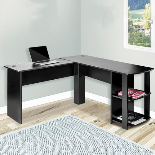 Hodeffior Large L Shaped Gaming Desk, 140cm Corner Desk with Storage Shelves Writing Table Computer Workstation for Home Office,Black