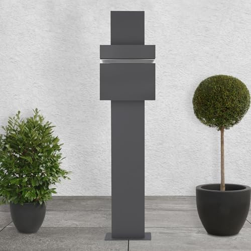 ECD Germany Standbriefkasten mit Zeitungsfach, Design Briefkasten Standfuß freistehend, Briefkastenständer Anthrazit Edelstahl pulverbeschichtet 170cm, Postkasten pulverbeschichteter Stahl 37x36,5cm