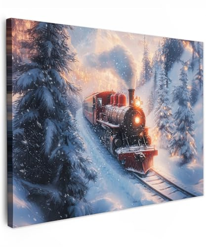 MuchoWow© Bild auf Leinwand Weihnachtsdeko Schlafzimmer Bilder Badezimmer | 70x50 cm - Wand Deko Wohnzimmer Weihnachtsgeschenke Modern Bilderwand Geschenk Weihnachtszug - Schnee - Winter - Weihnachten