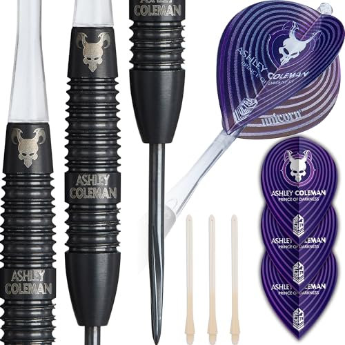 Unicorn Darts Set Global | Ashley 'Prince of Darkness' Coleman | 90% Tungsten Barrels with Black Coating & Intricately Machined Grip Rings | Ultrafly Flights | Steel Tip Black Volute Points | 26g