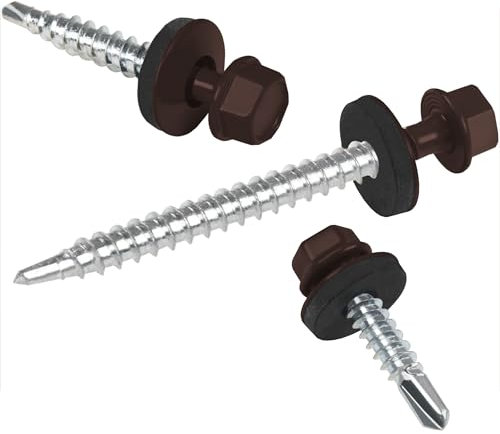 Viti per lamiere trapezoidali PAROTEC, autoforanti e autofilettanti con rondella di tenuta EPDM, testa esagonale, 4,8 mm x 70 mm, RAL 8017 Marrone, 200 pezzi
