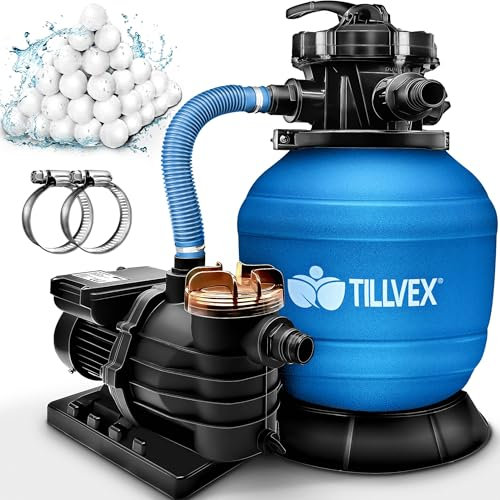 tillvex Pompa Filtro Piscina Portata 13.200L/h Fino 40.000L + 1200g Filtro Balls | 7 funzioni filtrazione | Adattatore 2in1 Ø32-38mm + indicatore Pressione | Filtro Sabbia Piscine (Blu)