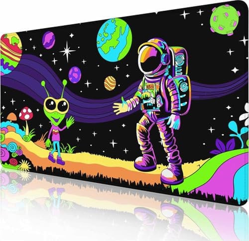 Large Extended Gaming Mouse Pad with Stitched Edges, Non-Slip Rubber Base Mouse Pad for Office, Computer, Keyboard, Laptop and Home Desk Pad 31.5 x 15.7 Inch Astronaut and Alien Trippy