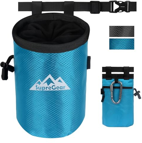 supregear Sacca per Gesso per Arrampicata su Roccia, Ampia Tasca con Cerniera E Portapennello, Chiusura A Cordino E Moschettone, Ideale per Bouldering, Sollevamento Pesi, Palestra, Blu