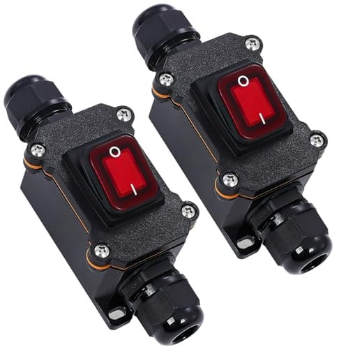 IP65 Waterproof DPST Inline Rocker Switch, 220V 30A ON/Off | Cord switch with red indicator light,2 pole in-line power switch for indoor outdoor cable repair, amp,fan,heater,pack of 2