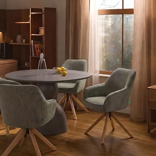 DUBI Möbel Esszimmerstühle 2er Set 360° drehbar mit Rückstellfunktion, Taschenfederkern, hoher Sitzkomfort, bis 150 kg belastbar, Stoff Grün, Eiche Massivholzgestell geölt (Natur), Mika-Luis