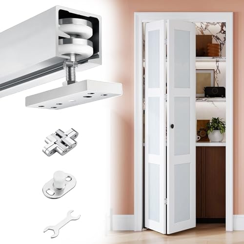 Schiebetür Schiene Falttür-Beschlagset mit Silberner Schiene Schiebetür-Beschlagset für Vorratskammer, Badezimmer, Schrank, Scheunentor(Door Thickness 3.5-4cm,32in/81cm)
