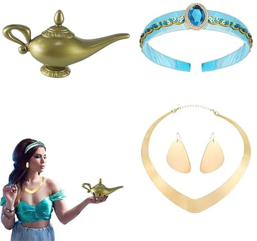 YQYCE Jasmin Kostüm Damen, Jasmin Kostüm Frauen, Prinzessin Schmuck Set Mit Stirnband, Halskette, Ohrringen Und Armband, Ideal Für Halloween, Karneval, Geburtstagsfeiern Und Cosplay