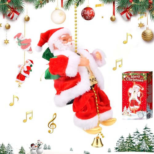 Pipihome Kletternder Weihnachtsmann, Elektrisch Klettern Santa Claus mit Leiter, Singender Weihnachtsmann Figur, Weihnachtsdeko für Weihnachtsbaum Fenster Wände Garten Outdoor Indoor
