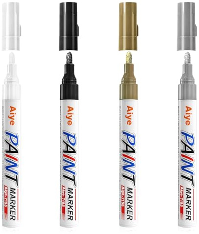 AMFUN 4er Trocknen Schnell Lackstift, Permanent Marker Wasserfest Stift, Feine Rundspitze 2mm, für Karton, Kunststoff, Holz, Metall, Tassen, Glas（Gold+Silber+Schwarz+Weiß）