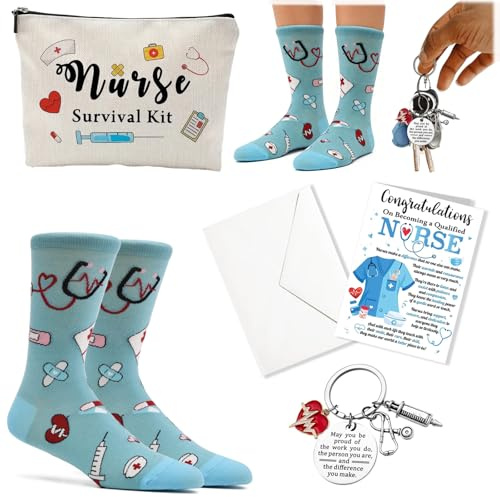 Set Regalo Infermiera: Include Pochette, Portachiavi, Calze Blu, Cartolina e Busta Bianca, Regalo Perfetto per Infermieri e Operatori Sanitari