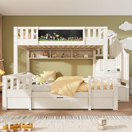 BTM High Sleeper Bunk Beds for Kids, Double Bunk Beds with Drawers, Staircase and Chalkboard, Children's Bed with Storage, (90+135) x190 cm, White(No Mattress)
