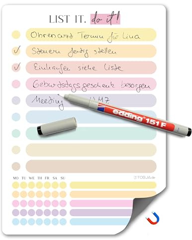 TOBJA Magnetische To-Do Liste A5 bunt inkl. wasserlöslichem Stift – Wochenplaner magnetisch für Kühlschrank | Haushaltsplan Familie & Einkaufsliste | abwischbare Magnetfolie mit Habit-Tracker