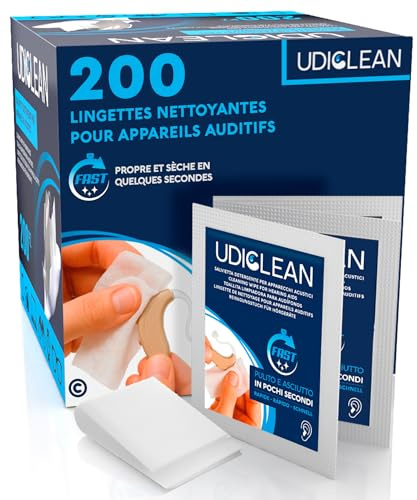 200 Lingettes Humidifiéespour Appareils Auditifs Implants Cochléaires | Udiclean Lingettes à Séchage Rapide, Emballées Individuellement, Éliminent Graisse Sueur Saleté