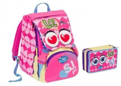 SEVEN. SJ Gang Schulrucksack für Mädchen, Flip-System, Gesichter, Herzen, Rosa + Federmäppchen mit 3 Etagen + Schlüsselanhänger mit Pailletten + gratis Stift, mehrfarbig, Einheitsgröße