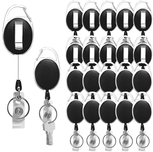 Diateklity 20 Pack Retractable Badge Holder with Carabiner Reel Clip, Badge Reel Bulk ID Card Key Holder with Ring, Sturdy Black Key Chain Extender for Office Work Employee