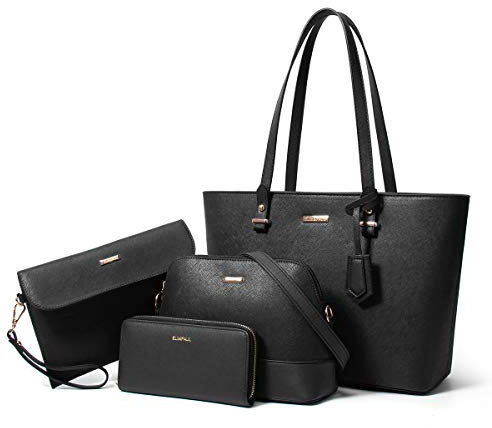 YTL Damen Handtasche Tote Shopper Groß Schultertasche Umhängetasche Geldbörse Kartenhalter Tasche 4-teiliges Set für Büro Schule Einkauf Reise Geschenk Schwarz