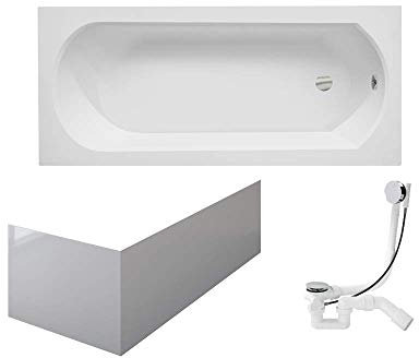 VBChome Badewanne 150x75 cm Acryl SET Schürze Siphon Wanne Rechteck Weiß Design Modern Ablaufgarnitur in Chrom
