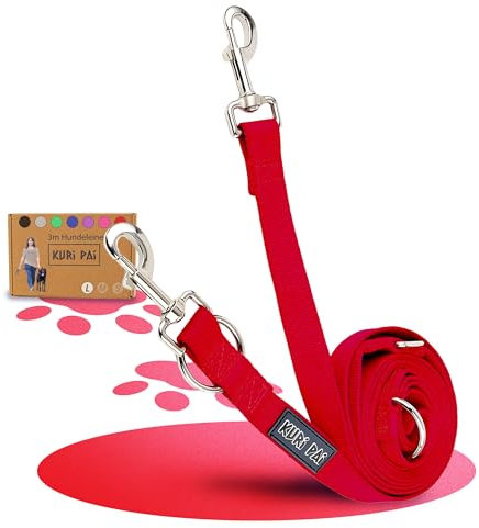 KURI PAI® Komfortable Hundeleine 3m | Verstellbare Hundeleine große Hunde | Bambusviskose | Strapazierfähig und weich | Perfekt für alltägliche Spaziergänge | L (2.5cm Breit) - Rot