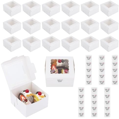 RosewineC 30 Pcs Cake Boxes Small, White Cake Boxes Bakery Boxs with Window Mini Cake Boxes with 30 Stickers, Small Cake Boxes for Cake Portions, Cake Box Small for Cake Portions Cookies Candy