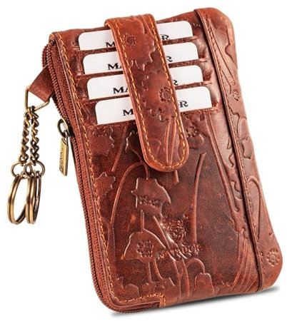 MATADOR 2in1 Geldbörse Damen Schlüsseltasche Leder mit 4 Fächer für Karten | Schlüsseletui Key Organizer mit RFID Schutz | Schlüsselmäppchen Autoschlüssel Hülle Leder mit Geschenk-Box | Blumen Braun