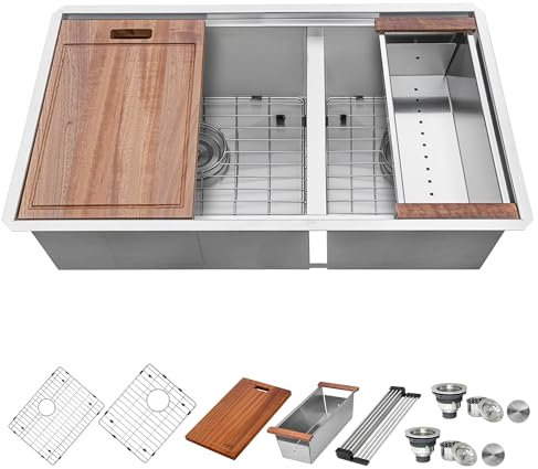 Ruvati 36-inch Workstation Kitchen Sink - 60/40 Double Bowl Undermount 16 Gauge Stainless Steel Kitchen Sink with Brushed Finish hides scratches, Easy-to-Clean Undermount Sink - RVH8359