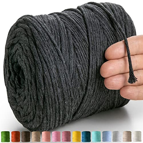 MeriWoolArt® Makramee Garn Grau - Makramee Garn 4mm farbig 225m - Super weiches Baumwollgarn, einfach gedrehte Makramee Schnur für Makramee Wandbehang, Blumenampel, Vorhang und Mehr DIY Deco