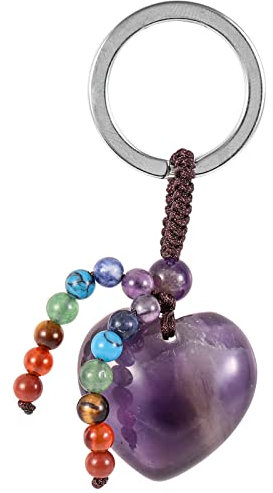KYEYGWO Amethyst Kristall Herz Schlüsselanhänger für Unisex, 7 Chakra Stein Schlüsselring Deko Herzform Edelstein Taschenanhänger Leibe Anhänger für Schlüsselband Schlüsselbund Schlüsselkette