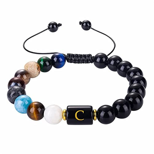 Banemi Armband Buchstabenperlen, Perlen für Armbänder Schwarz Obsidian Alphabet C Gewebtes Perlenarmband Perlenarmbänder Geschenke für Frauen 18cmx10mm