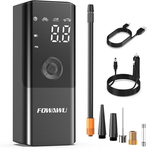 FOWAWU 6000mAh Compressore Aria Portatile, Compressore portatile per auto 150PSI, Gonfiatore Elettrico con Batteria Ricaricabile, Schermo LCD, Cavo DC 12V Torcia LED per Auto Moto Biciclette Palloni