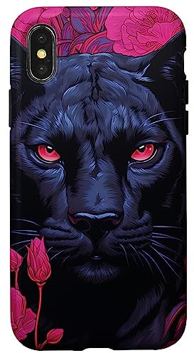 Hülle für iPhone X/XS Schutzhülle für Mobiltelefon, Motiv: Panther, Blumenmotiv, Pink